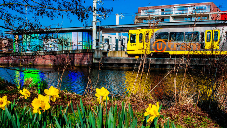 Sneltram U OV bij halte IJsselstein met narcissen op de voorgrond